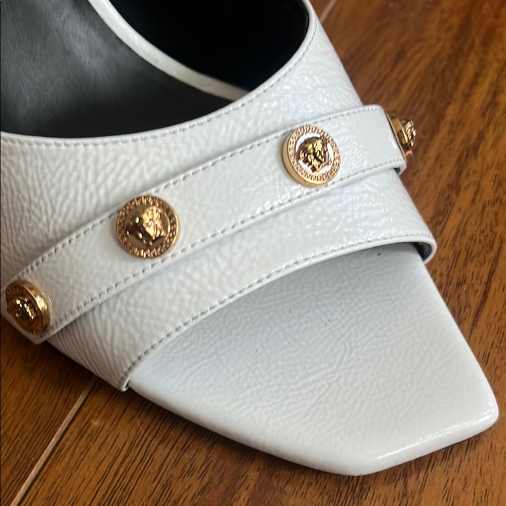 Versace White Leather Gold Medusa-Button Mules - Picture 4 of 7